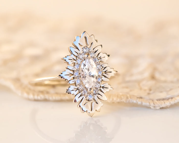 Marquise Engagement Ring, Nature Inspired Ring, Marquise Diamond Ring, Unique Diamond Ring, Alternative Engagement Ring, 14K, 18K