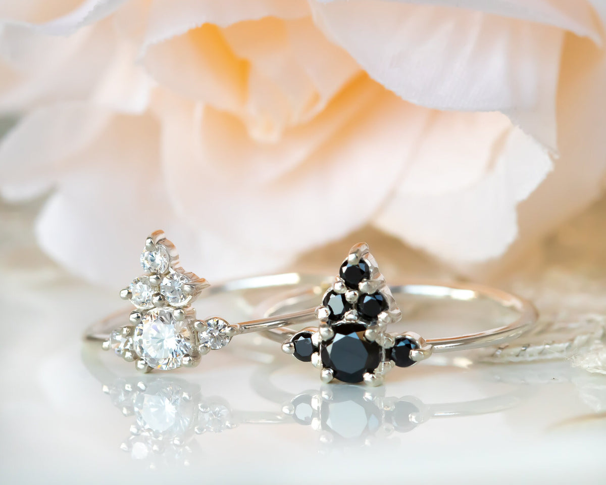 Black Diamond Engagement Ring, Black Diamond Ring, Black Cluster Ring, Unique Enagagement Ring, Diamond Cluster Ring, Black Crown Ring