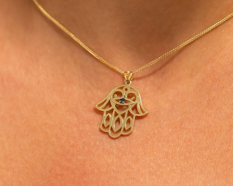 Evil Eye Pendant Necklace, Hamsa Necklace, 14K Gold Hamsa, Gold Lucky Charm Necklace, Hand Protection Necklace, Hand of God, Israeli Jewelry