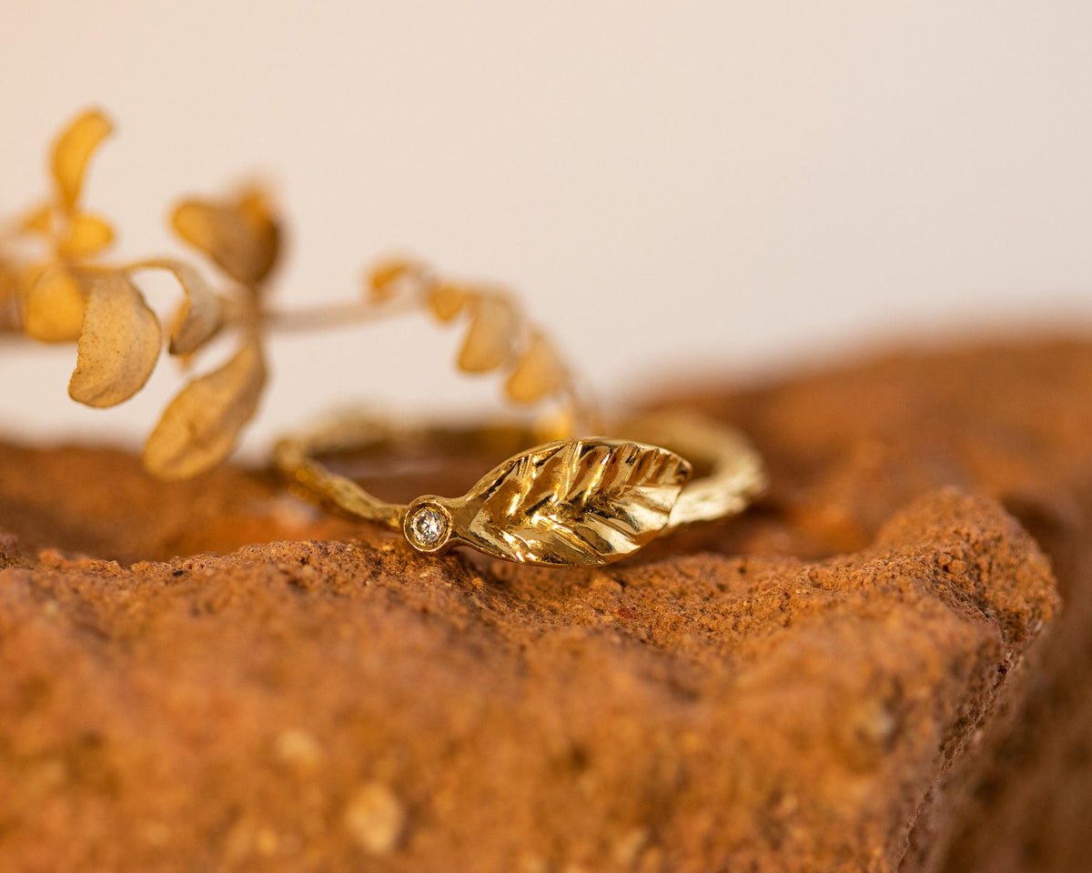 Leaf Ring, Diamond Gold Ring, Nature Inspired Twig Ring Gold Ring, Diamond Stacking Ring, Small Diamond Engagement Ring, Leaf and Twig, Gift