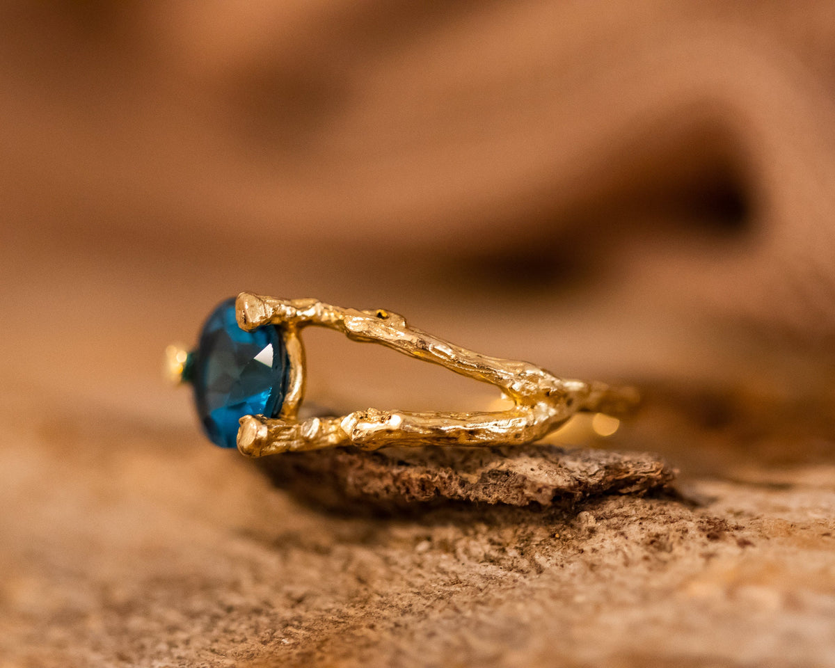 Nature Inspired Engagement Ring, 14k Gold Topaz Ring, London Blue Topaz Ring, Nature Lover Gift, Organic Ring for Women, Twig Gold Ring