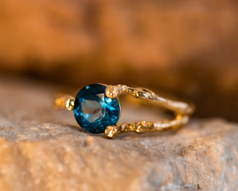 Nature Inspired Engagement Ring, 14k Gold Topaz Ring, London Blue Topaz Ring, Nature Lover Gift, Organic Ring for Women, Twig Gold Ring