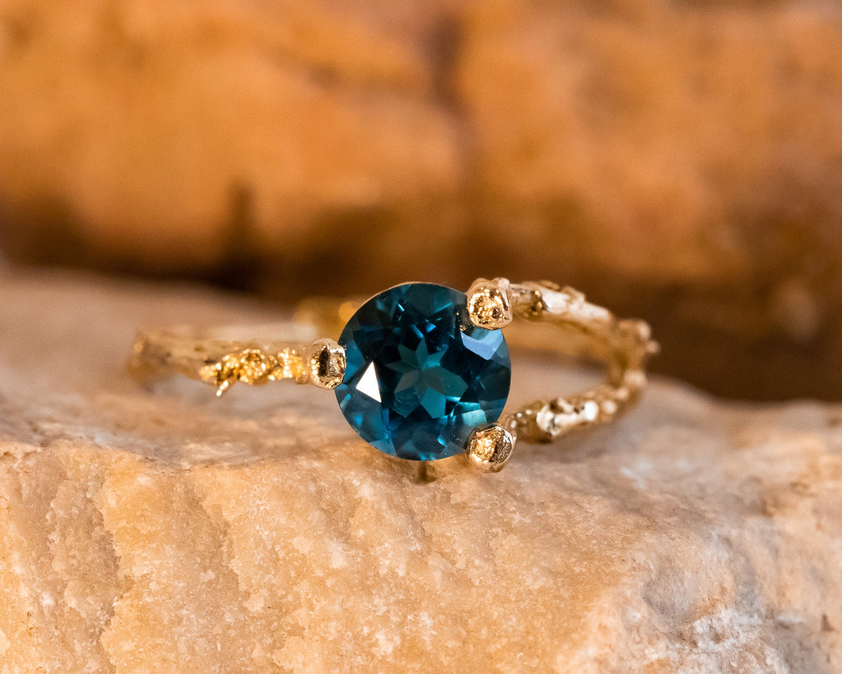Nature Inspired Engagement Ring, 14k Gold Topaz Ring, London Blue Topaz Ring, Nature Lover Gift, Organic Ring for Women, Twig Gold Ring