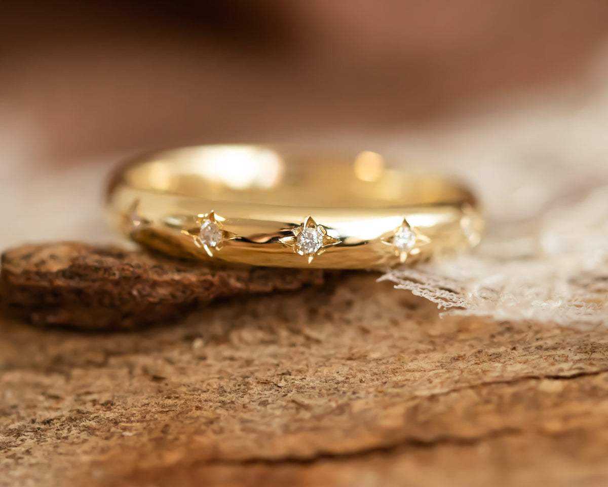 Diamond Wedding Band, Stars Diamond Gold Ring, 14K or 18K Wedding Ring, Anniversary Ring