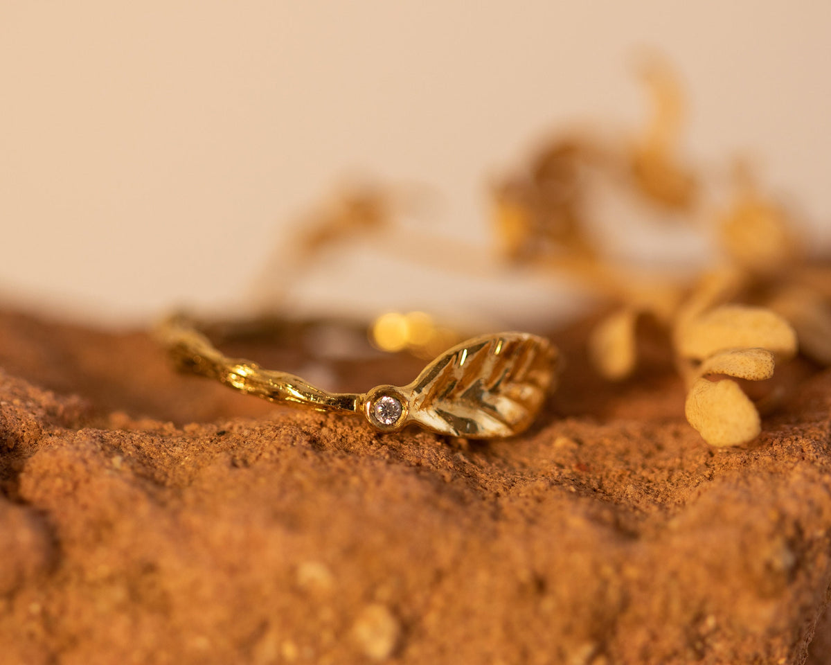 Leaf Ring, Diamond Gold Ring, Nature Inspired Twig Ring Gold Ring, Diamond Stacking Ring, Small Diamond Engagement Ring, Leaf and Twig, Gift