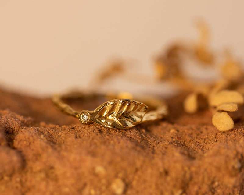 Leaf Ring, Diamond Gold Ring, Nature Inspired Twig Ring Gold Ring, Diamond Stacking Ring, Small Diamond Engagement Ring, Leaf and Twig, Gift