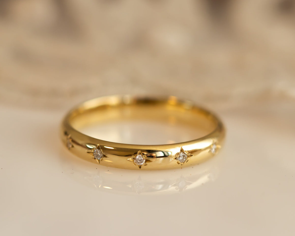Diamond Wedding Band, Stars Diamond Gold Ring, 14K or 18K Wedding Ring, Anniversary Ring