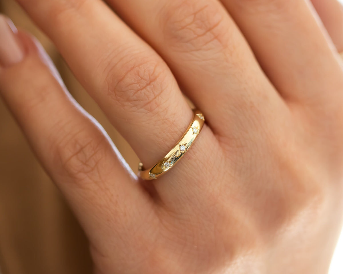 Diamond Wedding Band, Stars Diamond Gold Ring, 14K or 18K Wedding Ring, Anniversary Ring