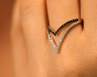 Sivan Lotan Jewelry - Diamond Chevron Ring, Double Row Deep V Shape Diamond Band, Pointed Ring Band, 14K Gold V Shape Wedding Band, Black and White diamond Ring - סיון לוטן תכשיטים - טבעת יהלומים שחורים - טבעת יהלומים מעוצבת