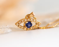 Evil Eye Diamond and Blue Sapphire Pendant Necklace, 14k Gold Protection Necklace