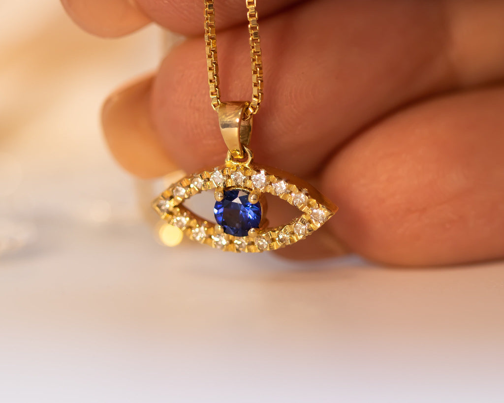 Evil Eye Diamond and Blue Sapphire Pendant Necklace, 14k Gold Protection Necklace