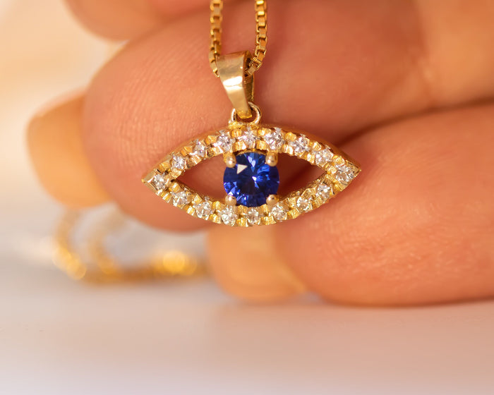 Evil Eye Diamond and Blue Sapphire Pendant Necklace, 14k Gold Protection Necklace