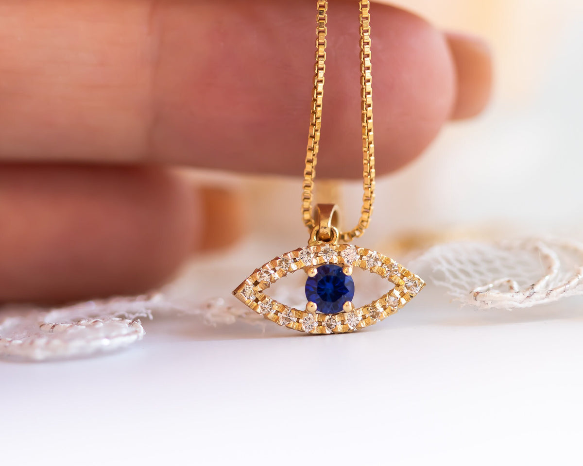 Evil Eye Diamond and Blue Sapphire Pendant Necklace, 14k Gold Protection Necklace