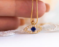 Evil Eye Diamond and Blue Sapphire Pendant Necklace, 14k Gold Protection Necklace