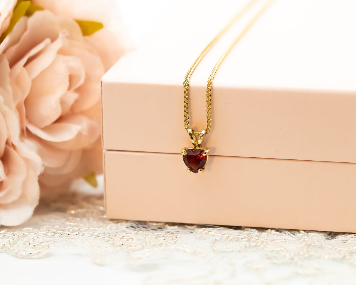 Garnet Heart Charm Pendant Necklace, Fabruary Birthstone