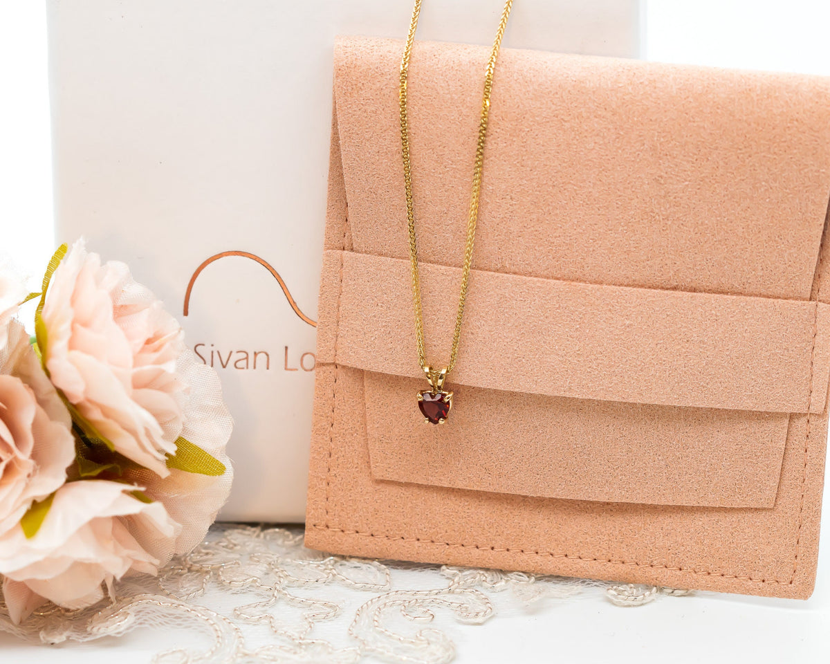 Garnet Heart Charm Pendant Necklace, Fabruary Birthstone