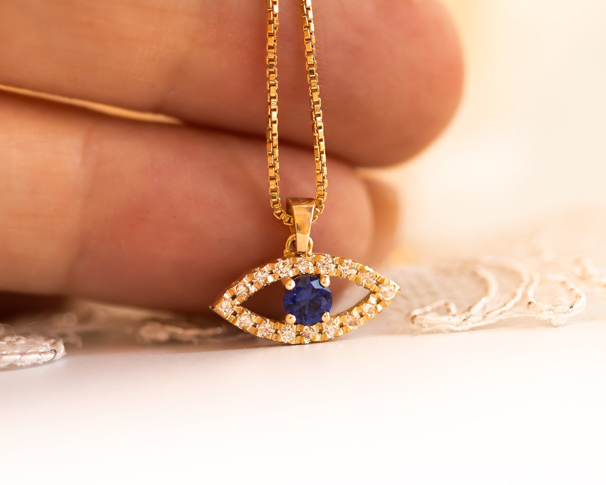 Evil Eye Diamond and Blue Sapphire Pendant Necklace, 14k Gold Protection Necklace