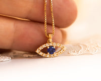 Evil Eye Diamond and Blue Sapphire Pendant Necklace, 14k Gold Protection Necklace