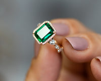 Green Emerald Diamond Ring, May Birthstone Ring