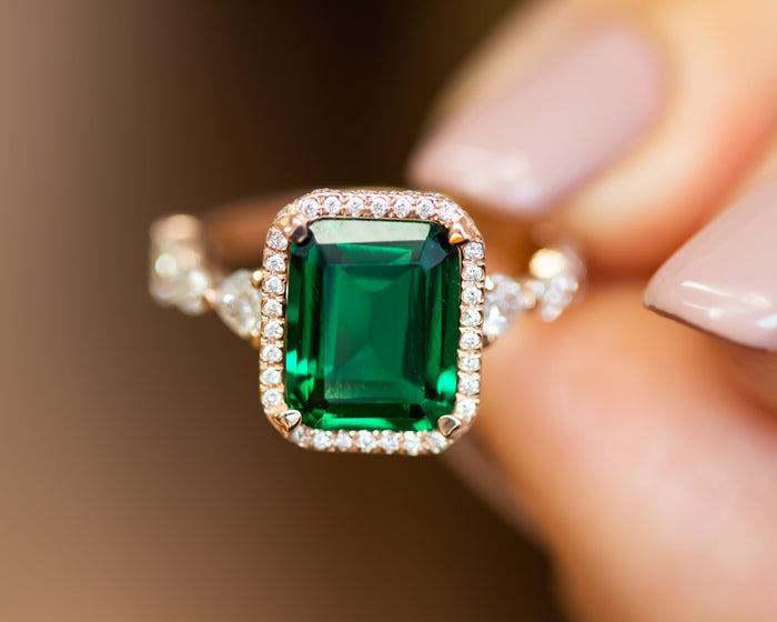 Green Emerald Diamond Ring, May Birthstone Ring