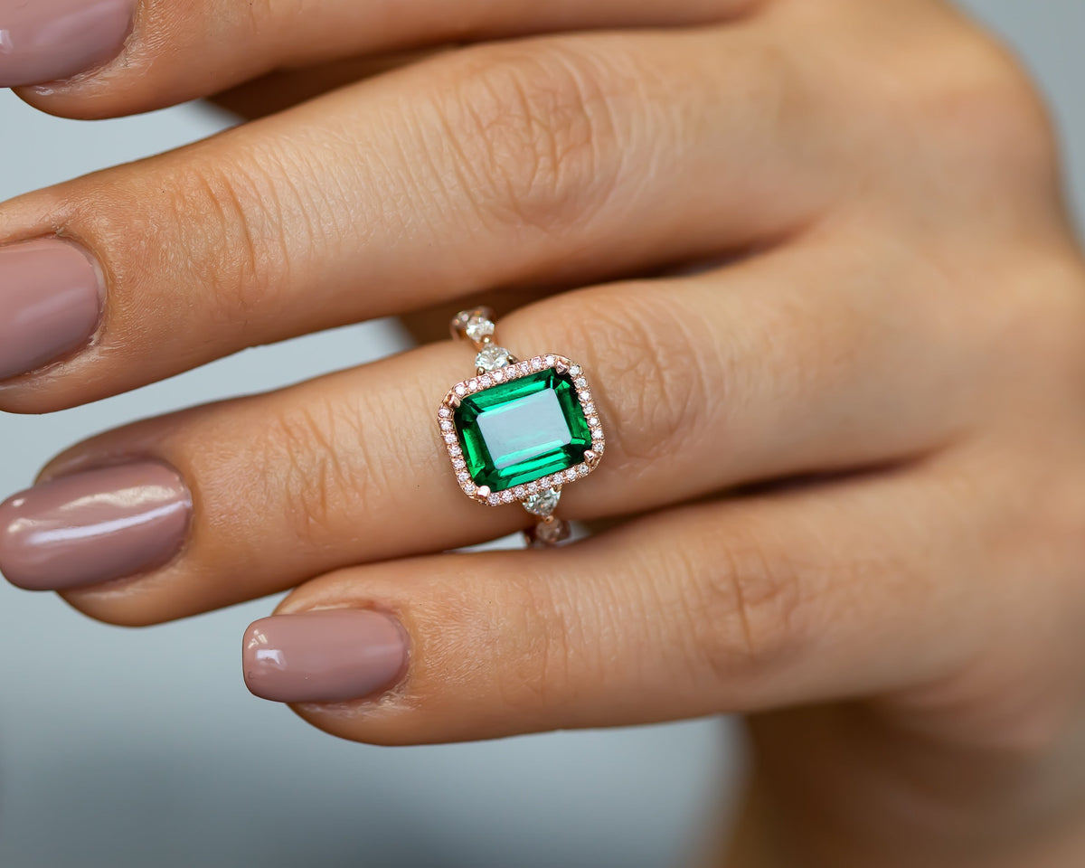 Green Emerald Diamond Ring, May Birthstone Ring