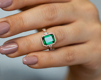 Green Emerald Diamond Ring, May Birthstone Ring
