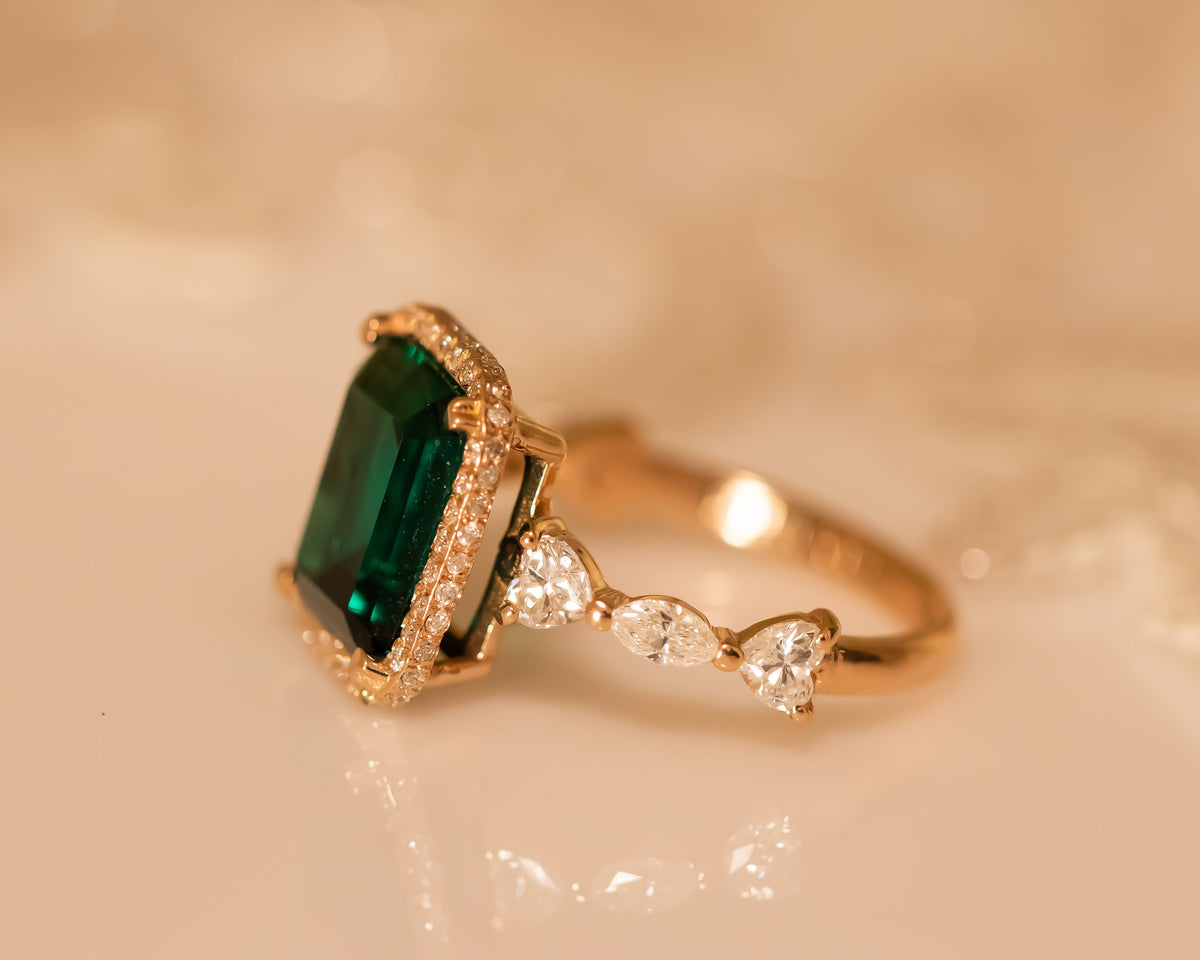 Green Emerald Diamond Ring, May Birthstone Ring