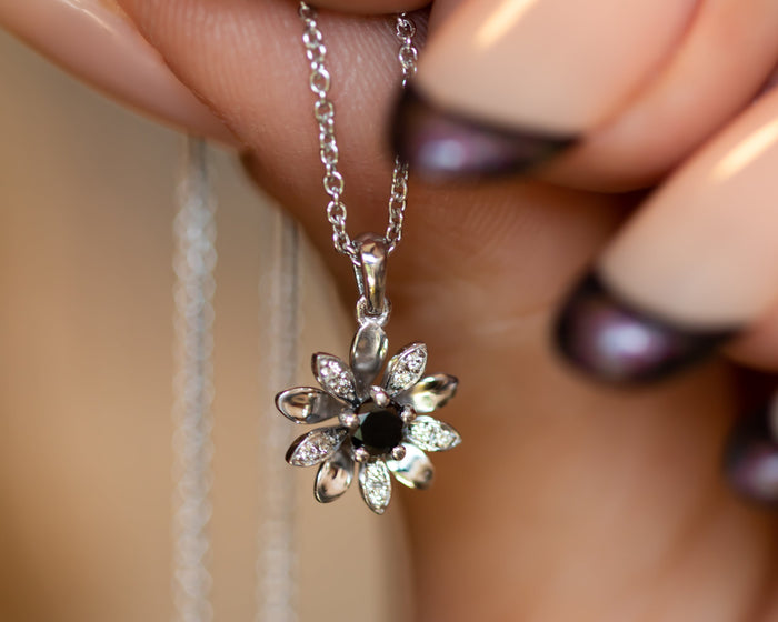 Black Diamond Flower Charm, Flower Pendant Necklace
