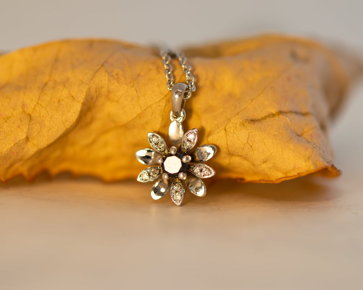 Black Diamond Flower Charm, Flower Pendant Necklace