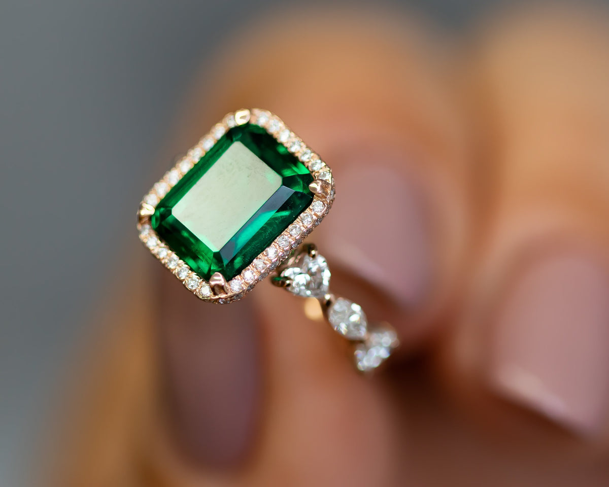 Green Emerald Diamond Ring, May Birthstone Ring