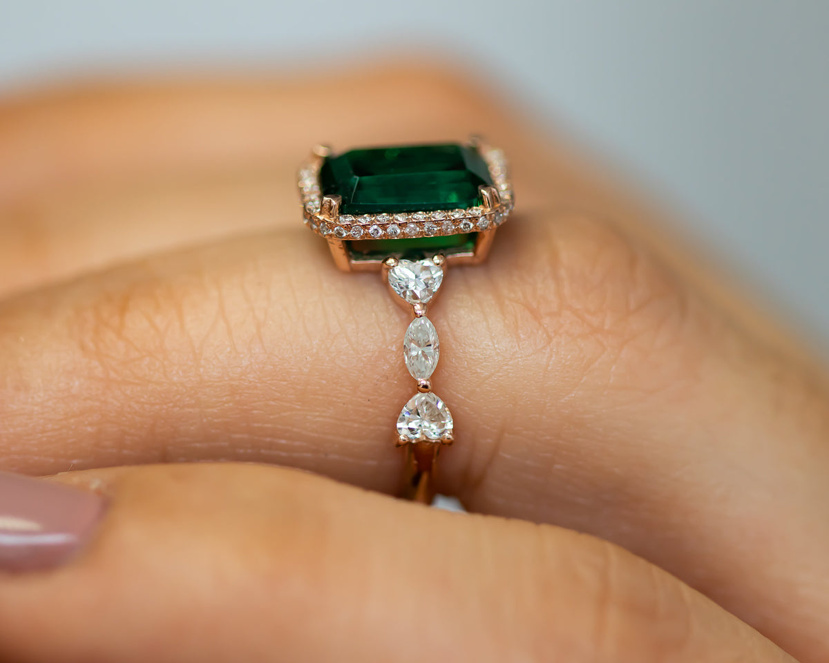 Green Emerald Diamond Ring, May Birthstone Ring