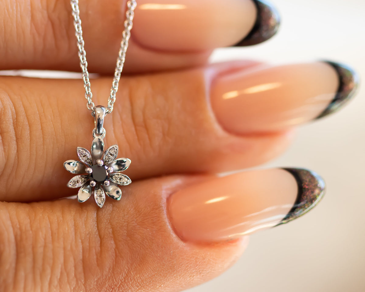 Black Diamond Flower Charm, Flower Pendant Necklace
