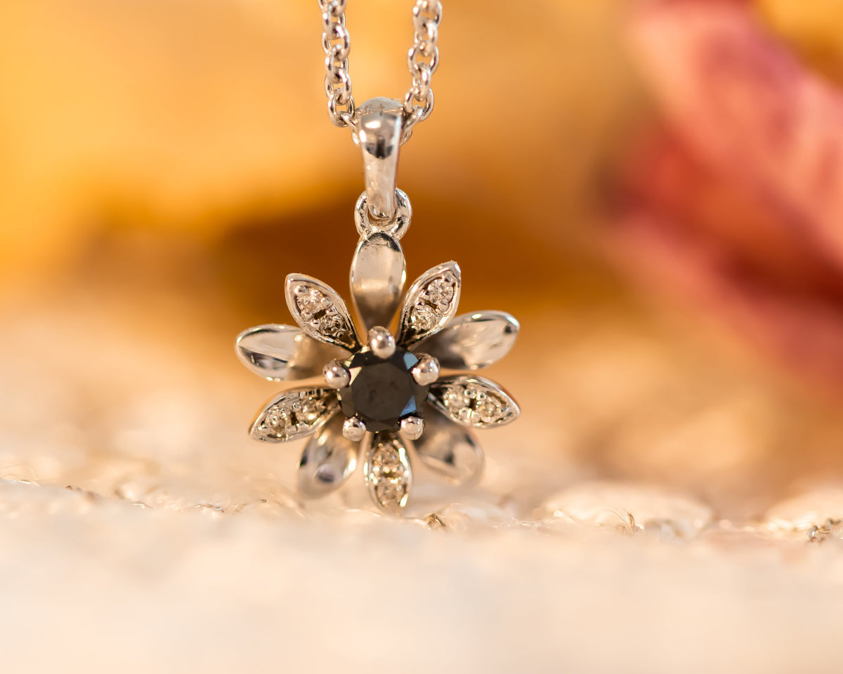 Black Diamond Flower Charm, Flower Pendant Necklace
