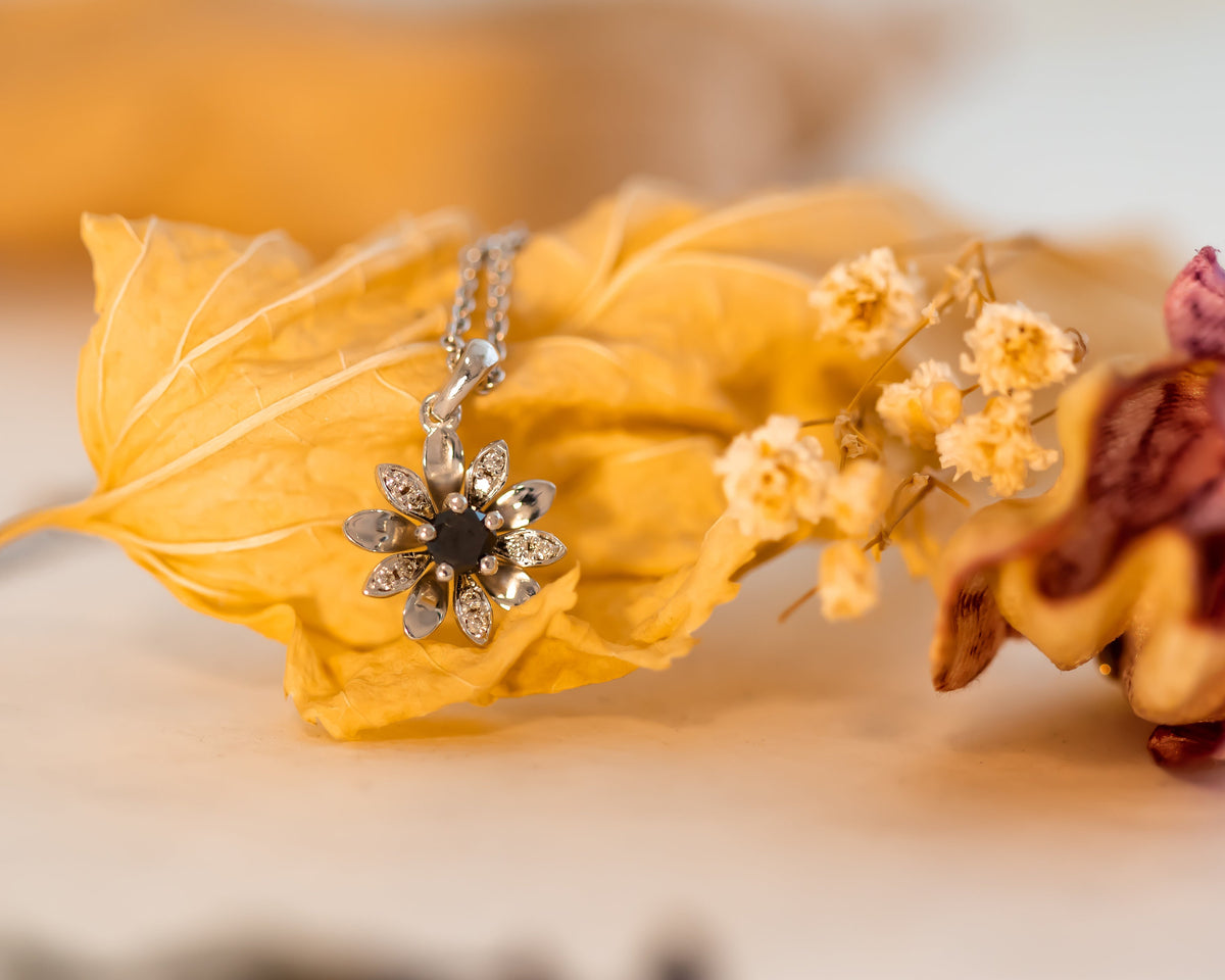 Black Diamond Flower Charm, Flower Pendant Necklace