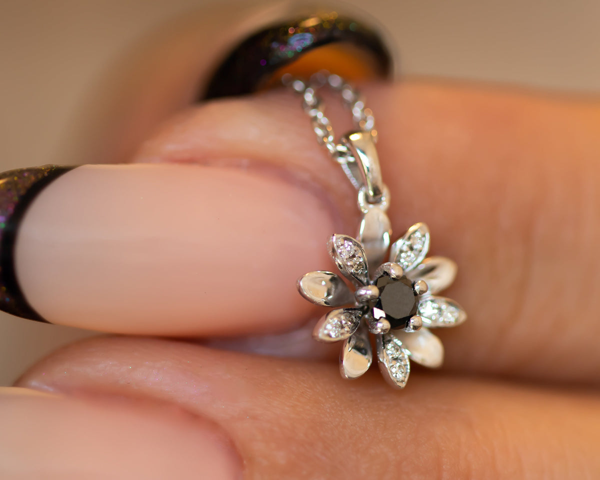 Black Diamond Flower Charm, Flower Pendant Necklace