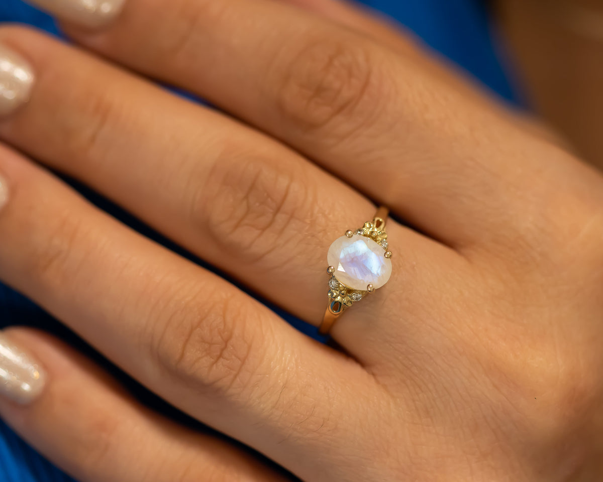 Moonstone And Diamonds Ring, Vintage Engagement Ring, 2 CT Oval Engagement Ring,