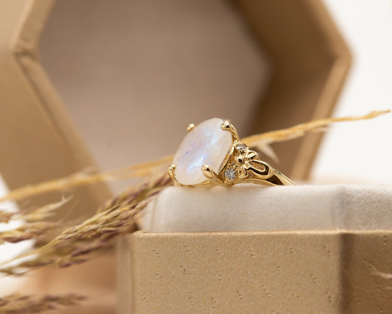 Rainbow Moonstone and Diamond Ring 14K Gold Floral Moonstone