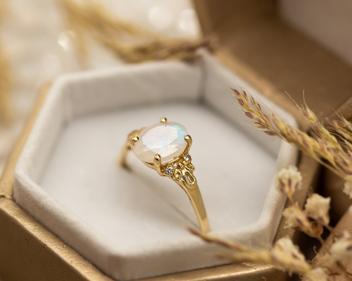 Moonstone And Diamonds Ring, Vintage Engagement Ring, 2 CT Oval Engagement Ring,
