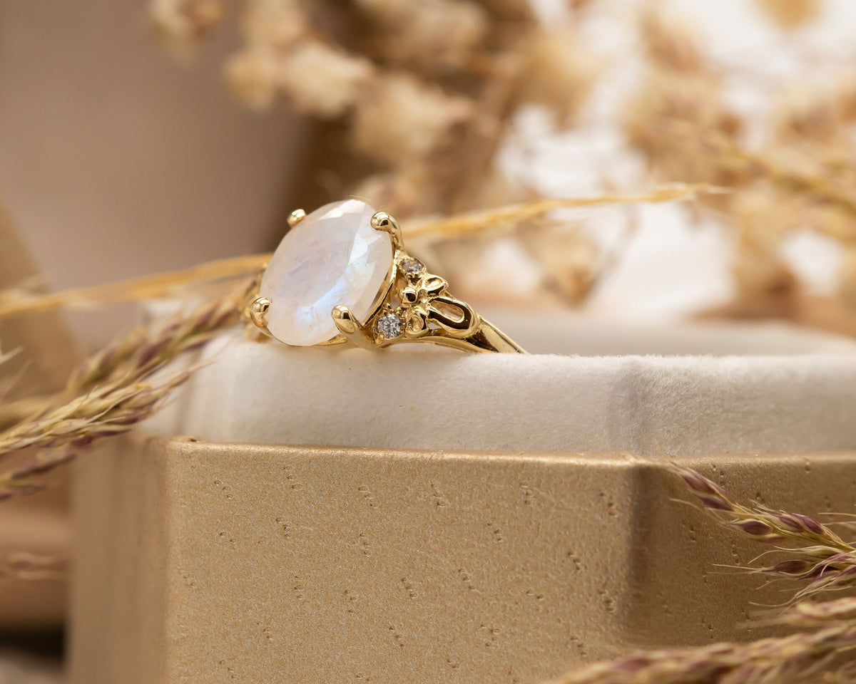 Moonstone And Diamonds Ring, Vintage Engagement Ring, 2 CT Oval Engagement Ring,