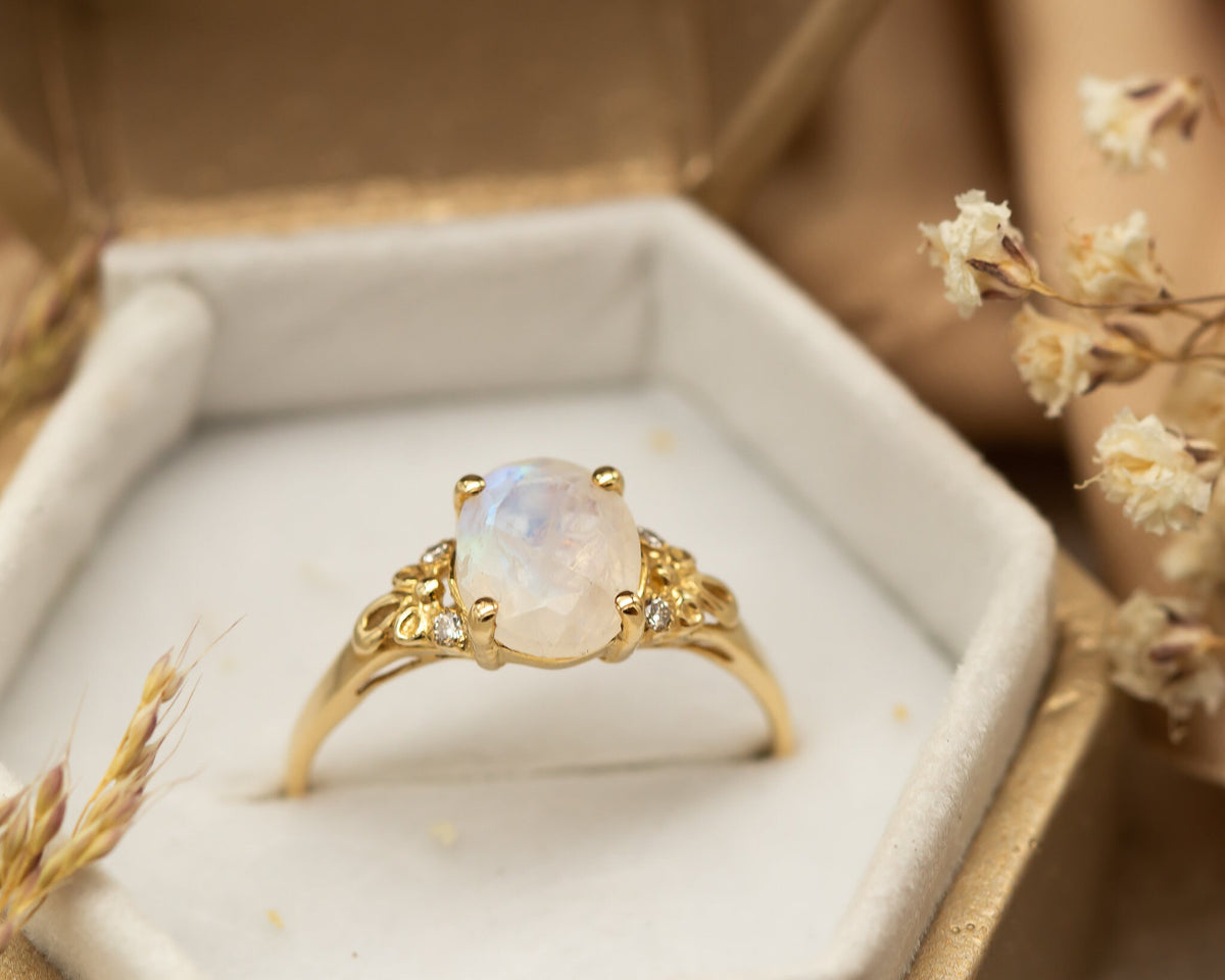 Moonstone And Diamonds Ring, Vintage Engagement Ring, 2 CT Oval Engagement Ring,