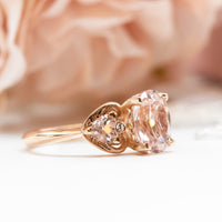 14k gold ring with pink morganite and diamond accents in a heart design. Morganite Engagement Ring in Rose Gold, Oval Engagement Ring, Morganite and Diamonds Ring