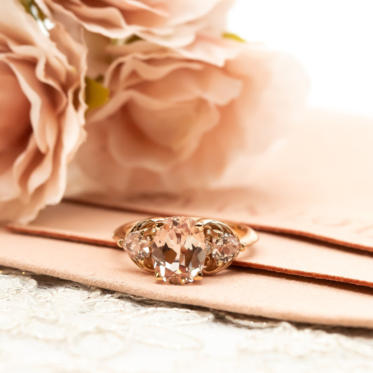 14k gold ring with pink morganite and diamond accents in a heart design. Morganite Engagement Ring in Rose Gold, Oval Engagement Ring, Morganite and Diamonds Ring