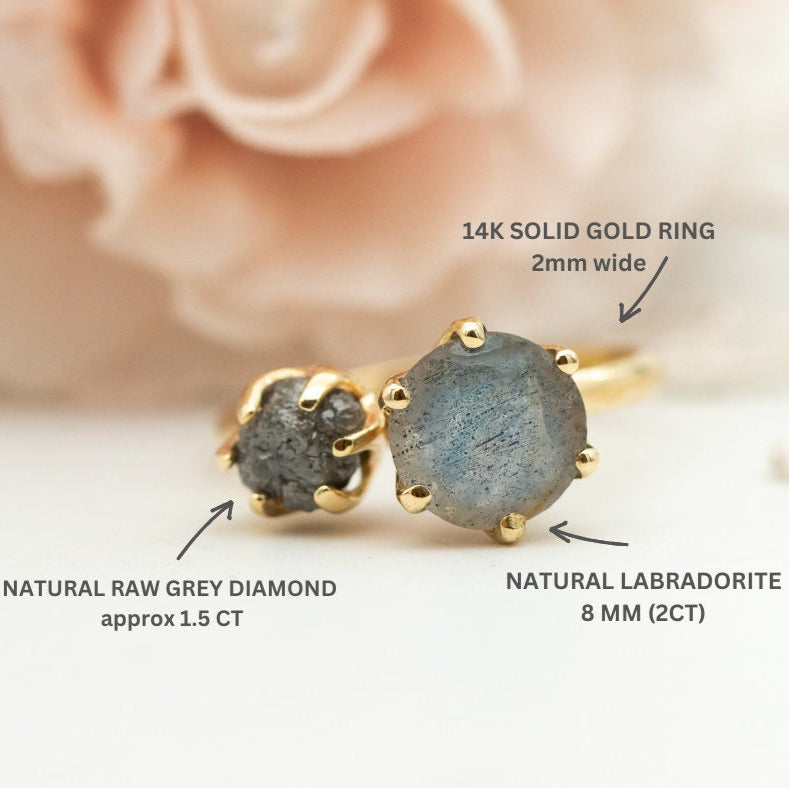 Raw Diamond Ring, Labradorite and Raw Diamond Engagement Ring, Two Stone Engagement Ring, Moi Et Toi Labradorite Diamond Ring Statement Ring