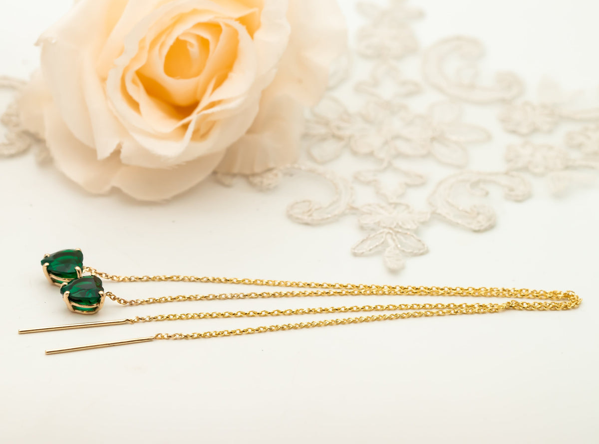 Emerald Earrings, 14K Gold Emerald Long Chain Earrings, Dangle Heart Emerald Earrings, May Birthstone