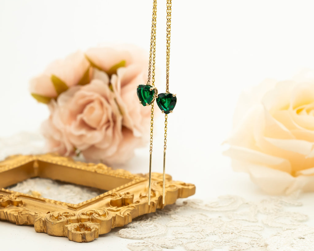 Emerald Earrings, 14K Gold Emerald Long Chain Earrings, Dangle Heart Emerald Earrings, May Birthstone