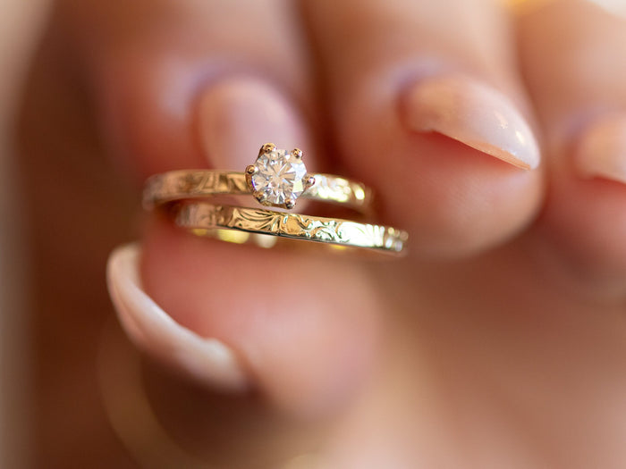 Engagement Ring Set, Diamond Ring Set, Gold Engagement Ring, Solitaire Diamond Ring, Floral Gold Ring, Yellow Gold Wedding Band, 14k Gold