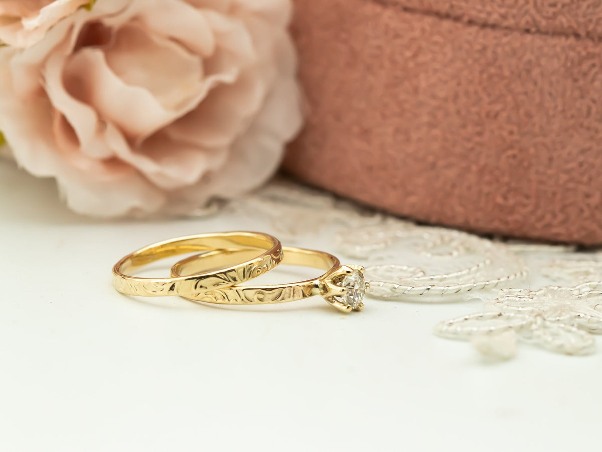Engagement Ring Set, Diamond Ring Set, Gold Engagement Ring, Solitaire Diamond Ring, Floral Gold Ring, Yellow Gold Wedding Band, 14k Gold