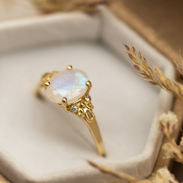 Rainbow Moonstone and Diamond Ring 14K Gold Floral Moonstone