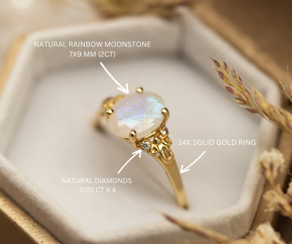 Moonstone And Diamonds Ring, Vintage Engagement Ring, 2 CT Oval Engagement Ring,