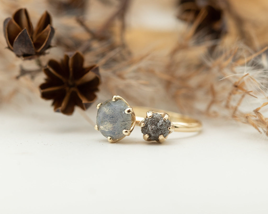 Raw Diamond Ring, Labradorite and Raw Diamond Engagement Ring, Two Stone Engagement Ring, Moi Et Toi Labradorite Diamond Ring Statement Ring